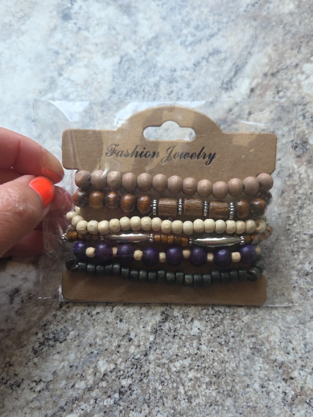 Fashion Jewelry Neutral and Purple Layered Beaded Bracelet Set
